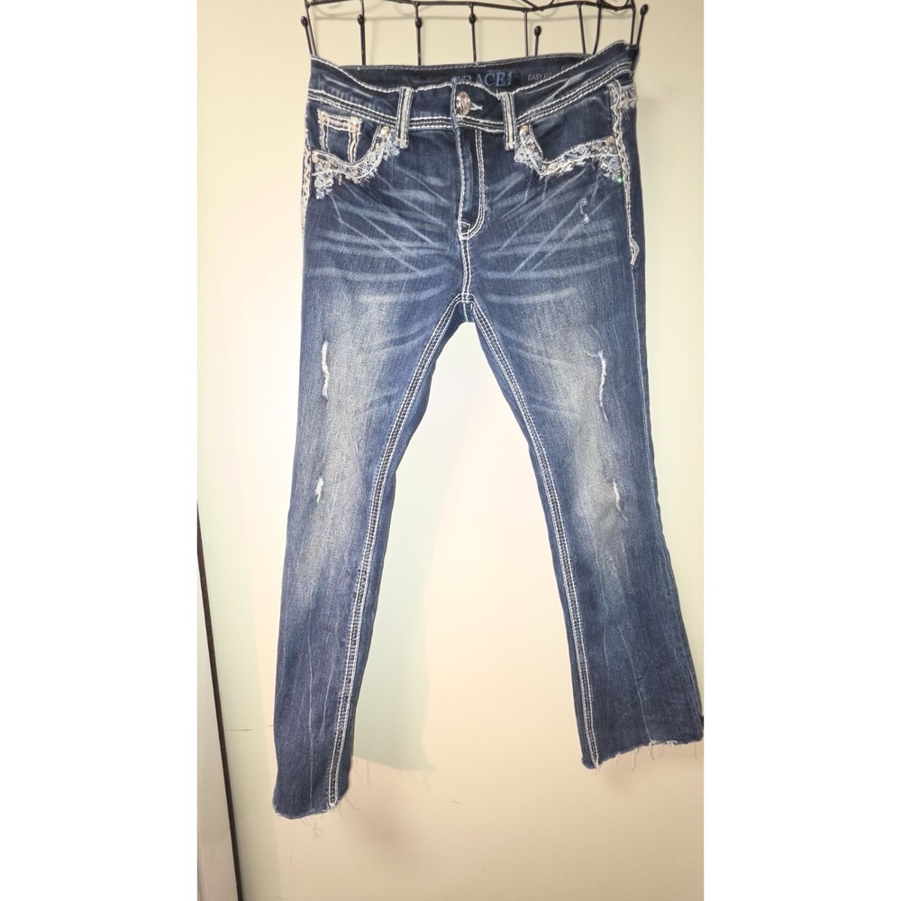Grace in LA Jeans Womens 28 Blue Easyfit Bling Pocket Distressed